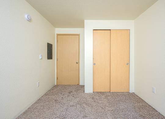 A room with two doors and a carpeted floor.