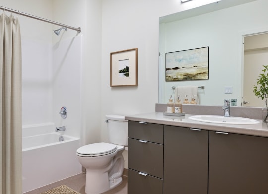 a bathroom with a white bathtub and a white toilet next to a sink with a mirror