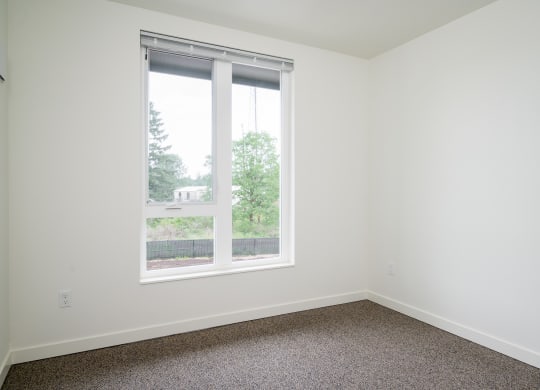 a bedroom with a large window and a carpeted floor
