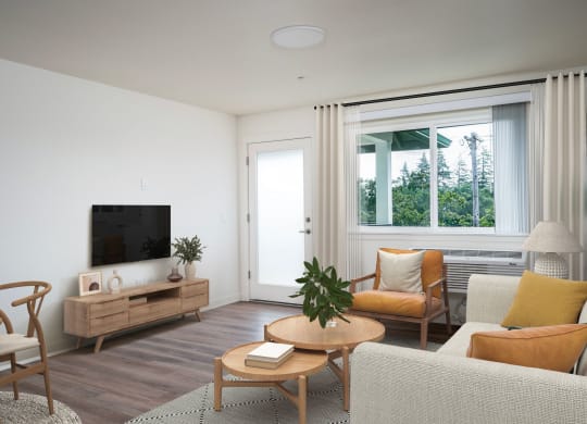 a living room with a couch and a table and a television