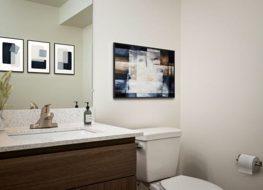 a bathroom with a toilet and a sink and pictures on the wall