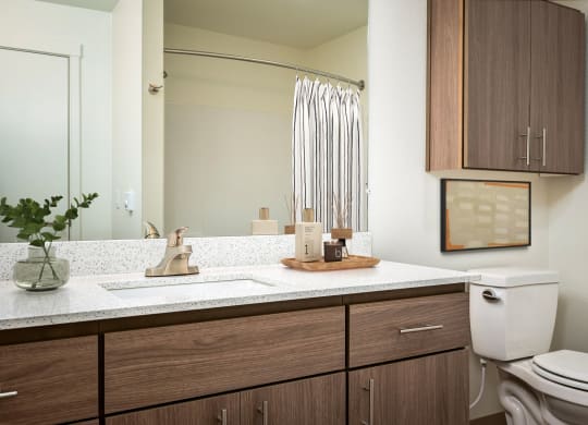 a bathroom with a white toilet and wooden cabinets