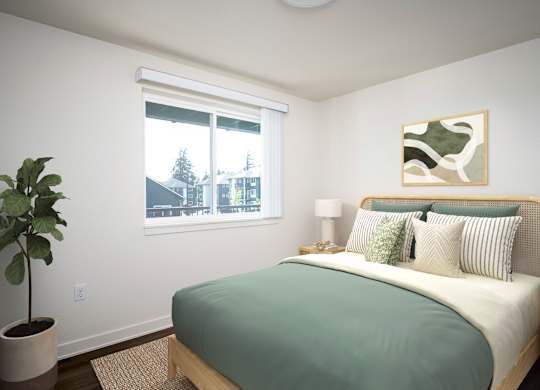 A bedroom with a bed, nightstand, lamp, and a plant.