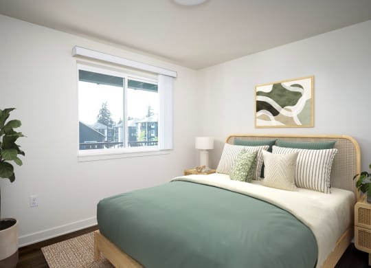 a bedroom with a large bed and a window