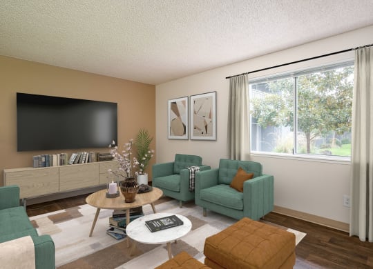 a living room with couches and a table and a television