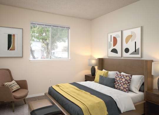 a bedroom with a bed and a chair and a window