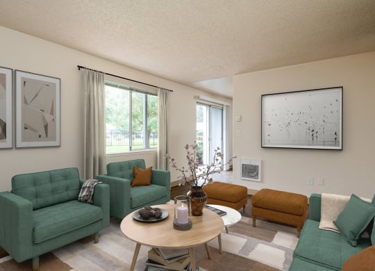 a living room with couches and chairs and a table