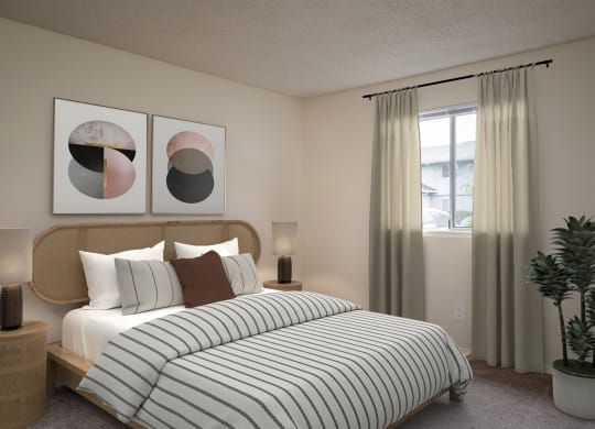 a bedroom with a bed with a white comforter