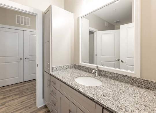 A bathroom with a sink, mirror, and wooden floors at Foxwood Apartments, Raleigh-Durham, North Carolina