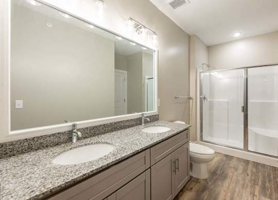 A bathroom with a granite countertop and a walk-in shower at Foxwood Apartments, Raleigh-Durham