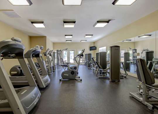A gym with treadmills, elliptical machines, and other exercise equipment at Ethan Pointe Apartments, Greensboro, North Carolina