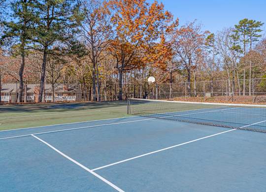 A tennis court surrounded by trees in autumn.