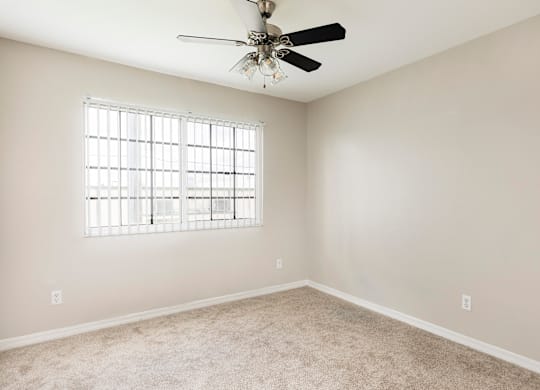 A room with a ceiling fan and a window with blinds.