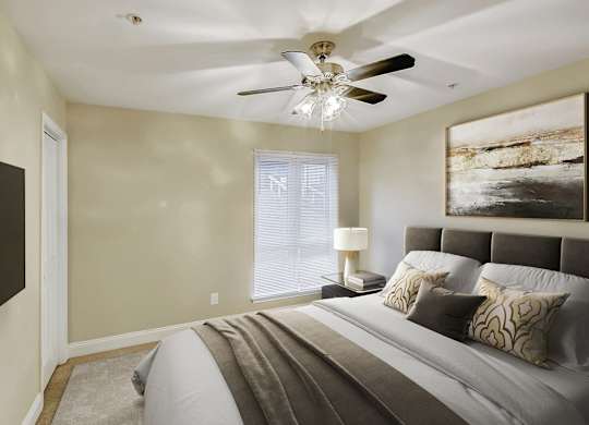 Bedroom With Ceiling Fan at Brandemere Apartment Homes, North Carolina, 27106