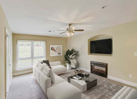 Living Area With Fireplace at Brandemere Apartment Homes, Winston Salem, NC, 27106