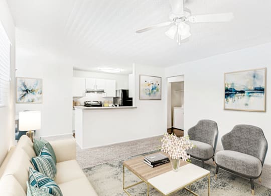 Living Room With Kitchen at Bridges at Mallard Creek Apartment Homes, Charlotte, North Carolina