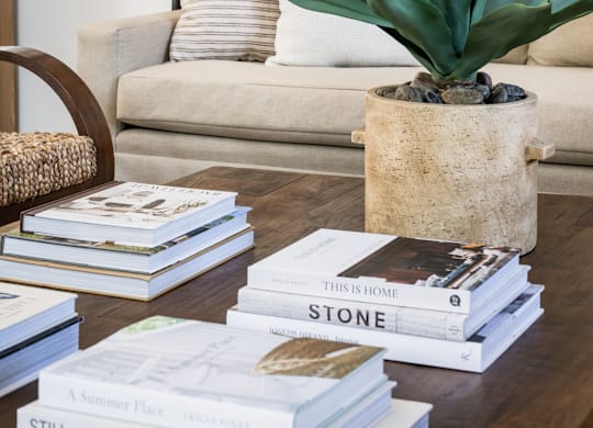 a coffee table filled with books and a plant at Bridges at Mallard Creek Apartment Homes, North Carolina, 28269