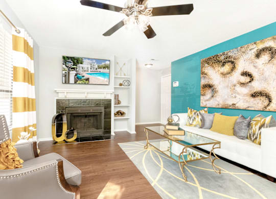 Living Area With Fireplace at Bridges at Mallard Creek Apartment Homes, Charlotte, 28269