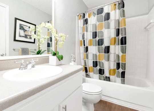 a bathroom with a white sink and toilet next to a bathtub with a shower curtain  at Bridges at Mallard Creek Apartment Homes, Charlotte, 28269