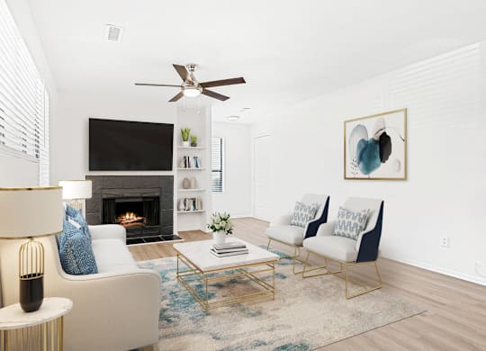 a living room with white walls and a fireplace  at Bridges at Mallard Creek Apartment Homes, Charlotte, 28269