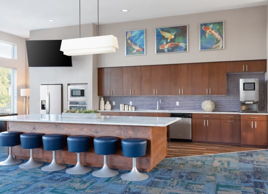 clubhouse kitchen with a large island and blue stools