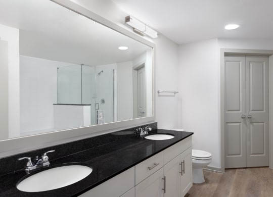 a bathroom with two sinks and a large mirror