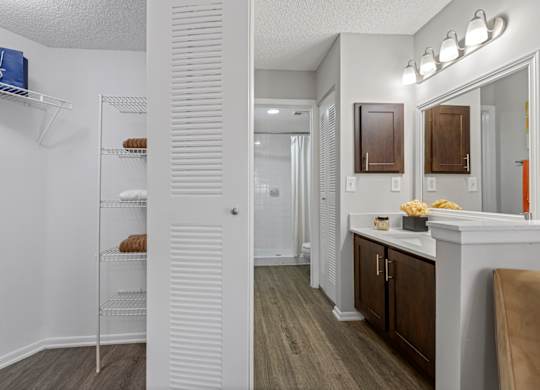 a large closet near a bathroom with brown cabinets