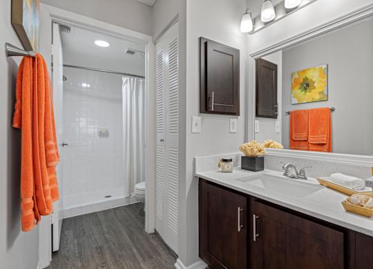 A bathroom with a white sink and a mirror.