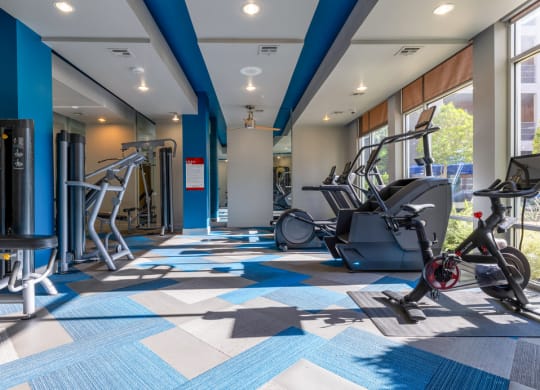 a gym with cardio machines and weights at the flats