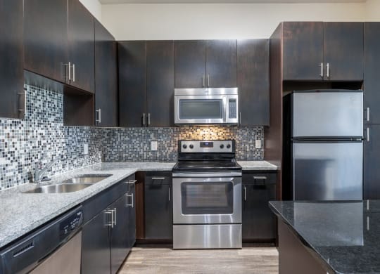 a kitchen with stainless steel appliances and black cabinets
