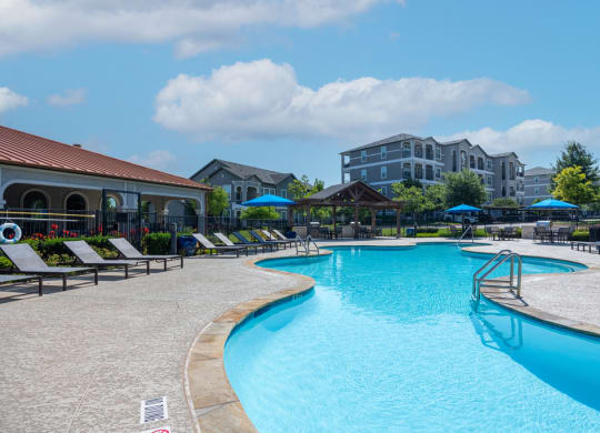 Swimming pool sundeck with lounge chairs and umbrellas with natural surround landscape
