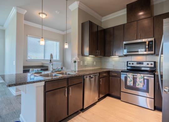 Kitchen with stainless steel appliances, brushed-nickel hardware, and dark cabinets