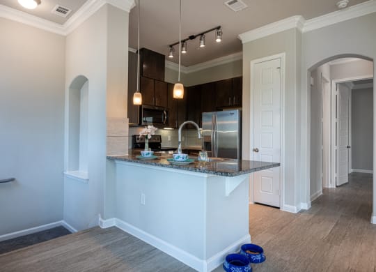 Kitchen area with granite countertops, dark cabinets, and pendant lighting