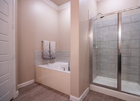 Bathroom facing soaking tub and stand up shower