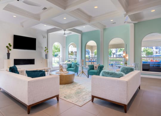 Resident clubhouse common area with couches and television