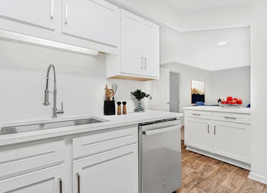 a kitchen with white cabinets and a stainless steel dishwasher at Caveness Farms Apartments, North Carolina, 27587