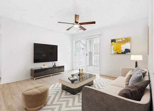 Living Room With TV at The Grayson Apartment Homes, Charlotte