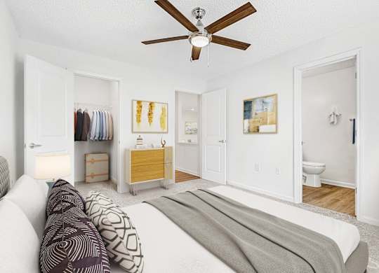 Bedroom With Ceiling Fan at The Grayson Apartment Homes, Charlotte