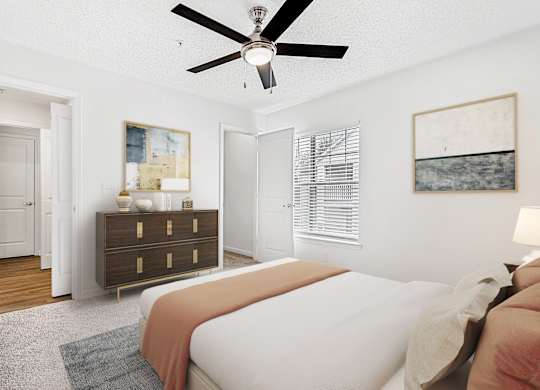 Bedroom With Ceiling Fan at The Grayson Apartment Homes, Charlotte, 28262