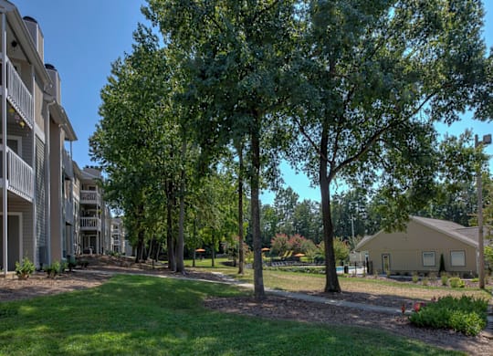a pathway with trees and buildings on either side at Eastchester Ridge Apartments, North Carolina