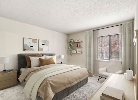 a bedroom with a large bed and a desk with a chair at Eastchester Ridge Apartments, North Carolina, 27262