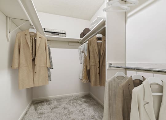 a walk in closet with white walls and a white mirrored medicine cabinet at Eastchester Ridge Apartments, High Point, NC, 27262