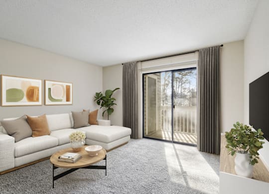a living room with a white couch and a sliding glass door at Eastchester Ridge Apartments, High Point