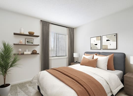 a bedroom with white walls and a large window with a plant on the side of the bed at Eastchester Ridge Apartments, North Carolina