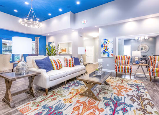 a living room with blue ceilings and a colorful rug