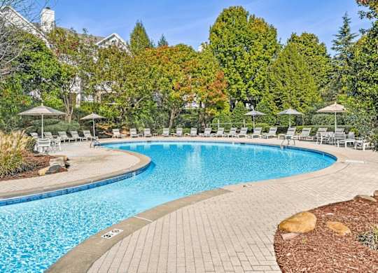 A large outdoor swimming pool surrounded by trees and chairs.