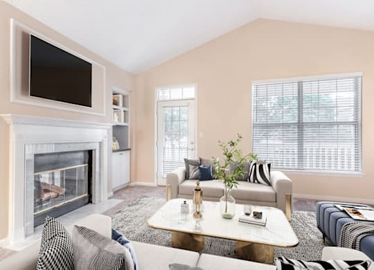 a living room with a fireplace and a tv above it