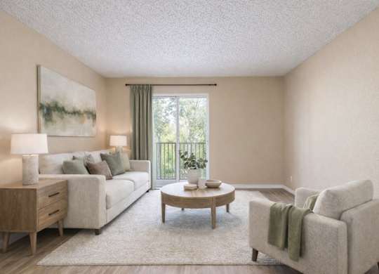 A living room with a couch, a chair, a coffee table, and a painting on the wall.