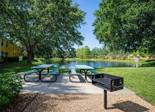 Picnic tables and bench are set up near a lake.