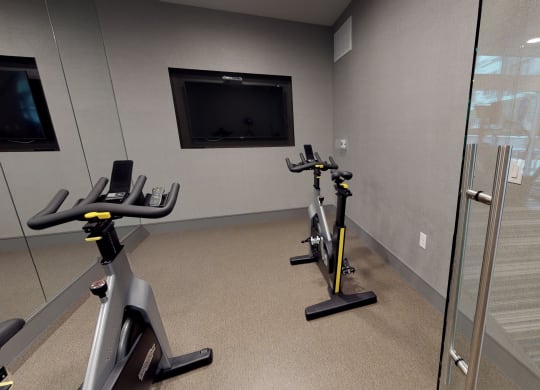 Spin/flex studio facing two exercise bicycles and television